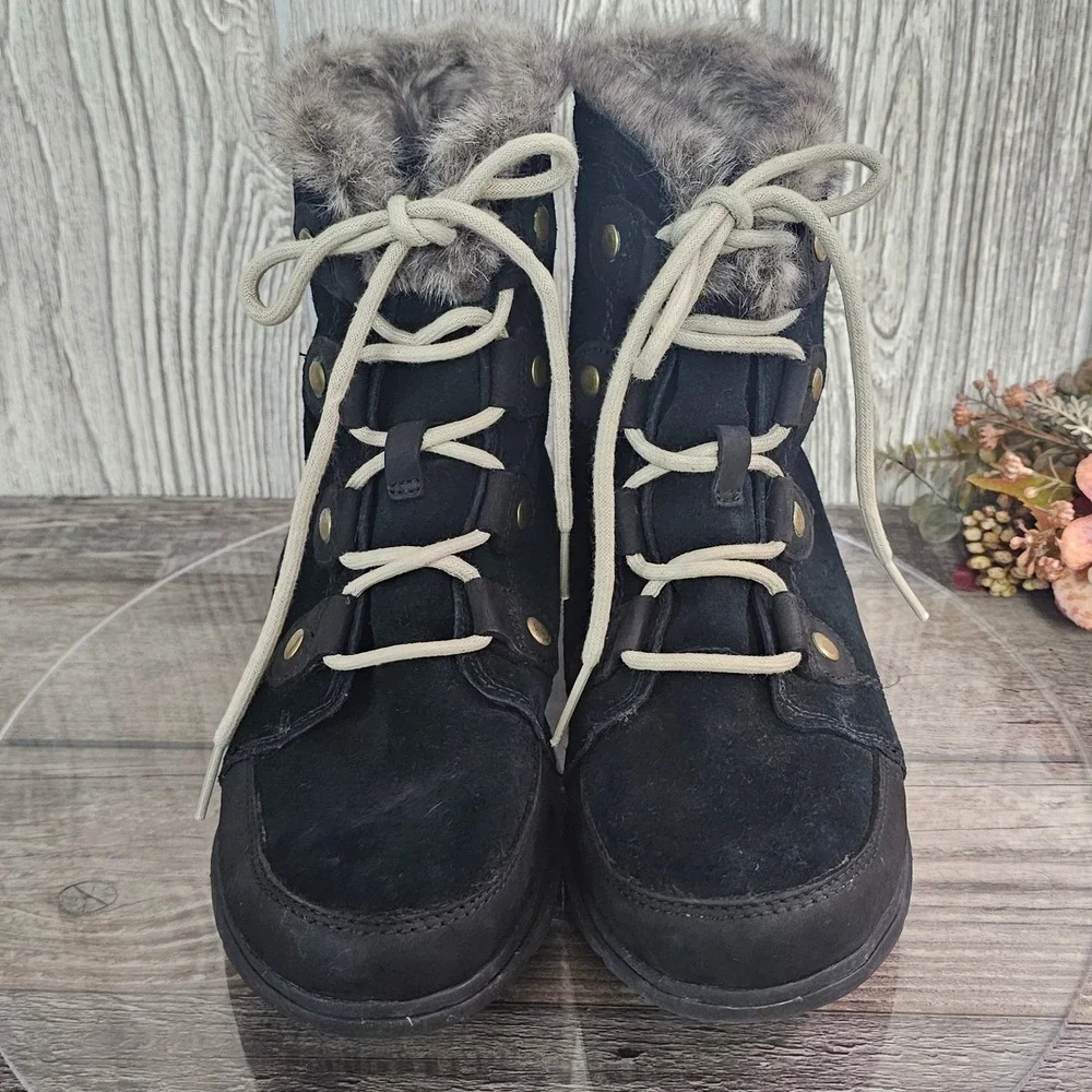 Sorel Explorer Joan Women's 8 Waterproof Black Suede Faux Fur‎ Winter Boots